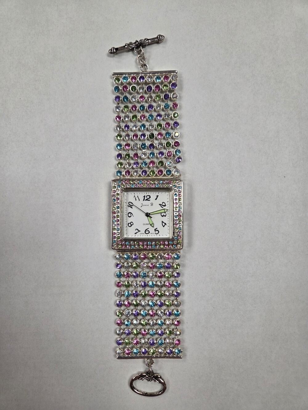 Jennie B Colorful Rhinestone Silver Square Face Women's Jewelry Boutique Watch